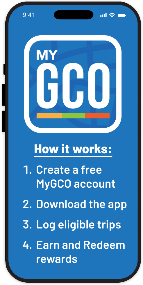 Screenshot of a phone displaying the My GCO logo. Text says: How it works: 1. Create a free MyGCO account  2. Download the app  3. Log eligible trips  4. Earn and Redeem rewards 